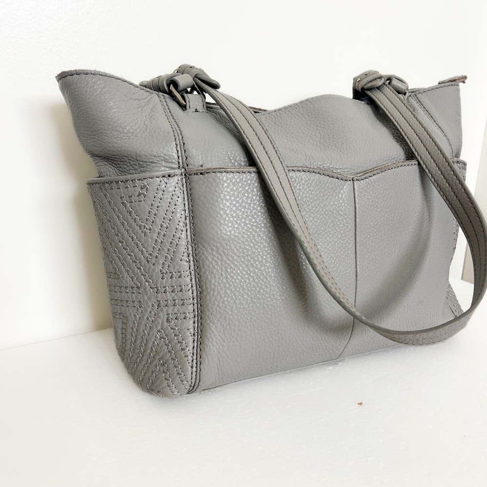 The Sac medium Sequoia Tote, satchel grey pebbled leather geometric embroidered